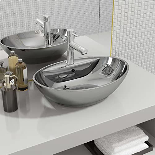 Qnhdfrt Ovales Keramik Waschbecken 58,5 x 39 x 21 cm Hochglanz Aufsatzwaschbecken mit Überlaufschutz für Badezimmer Gäste WC und Schminkraum von Qnhdfrt