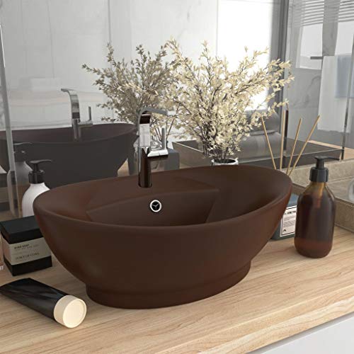 Qnhdfrt Ovales Waschbecken Matt Dunkelbraun 58,5x39cm Premium Keramik Aufsatzwaschbecken mit Überlauf Modernes Design für Badezimmer Gäste WC und Küche von Qnhdfrt