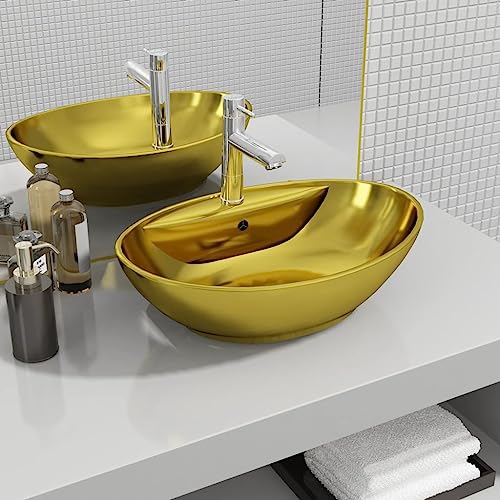 Qnhdfrt Ovales Waschbecken aus Keramik Golden 58,5 x 39 x 21 cm Modernes Aufsatzwaschbecken mit Überlaufschutz Hochglanz Finish für Badezimmer Gäste WC und Schminkraum von Qnhdfrt