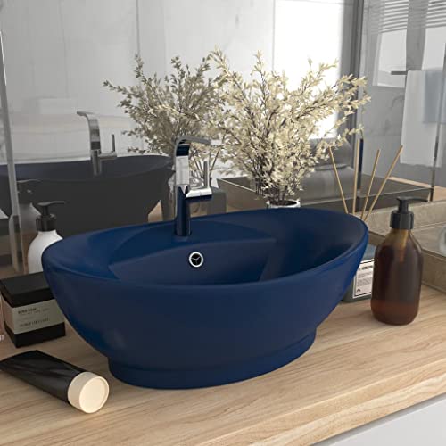 Qnhdfrt Ovales Waschbecken aus Premium Keramik Matt Dunkelblau 58,5 x 39 cm Aufsatzwaschbecken mit Überlauf und Hahnloch für Badezimmer Gäste WC Küche von Qnhdfrt