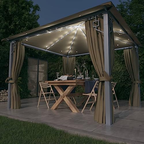 Qnhdfrt Pavillon mit Vorhängen und LED Lichterkette 300x300 cm Taupe Aluminium Stahl Gartenpavillon mit Netzfenstern für Grillpartys Familienfeiern und Outdoor Events von Qnhdfrt
