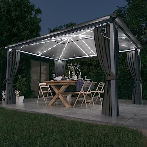 Qnhdfrt Pavillon mit Vorhängen und LED Lichterkette 4x3 m Anthrazit Alu Stahl Gartenpavillon mit Netzfenstern für Grillpartys Familienfeiern und Outdoor Events von Qnhdfrt