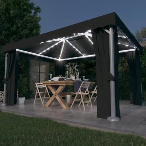 Qnhdfrt Pavillon mit Vorhängen und LED Lichterkette 4x3 m Anthrazit Gartenpavillon mit Moskitonetz und Doppeldach für Grillabende Camping und Outdoor Events von Qnhdfrt