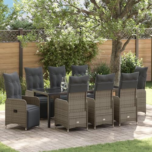 Qnhdfrt Poly-Rattan Gartentisch Set 9-TLG Grau mit Kissen 8 Stühle Rechteckig Outdoor Essgruppe für Garten Balkon Terrasse Modernes Design Leicht und Robust von Qnhdfrt