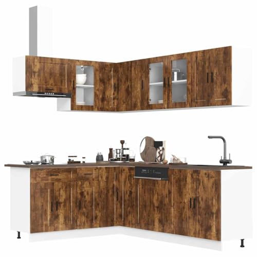 Qnhdfrt Porto 11-teiliges Küchenschrank-Set in Räuchereiche aus Holzwerkstoff und Glas – Modernes Design mit viel Stauraum für Küchenorganisation, Verstellbare Füße und Einfache Reinigung von Qnhdfrt