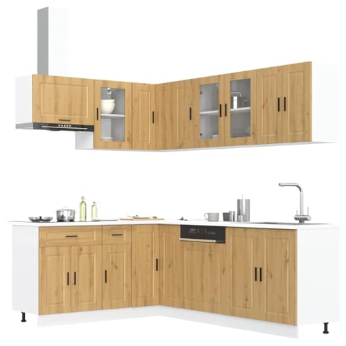 Qnhdfrt Porto Artisan-Eiche Küchenschrank-Set 11-teilig aus Holzwerkstoff und Glas mit verstellbaren Füßen und viel Stauraum für Moderne Küchen von Qnhdfrt