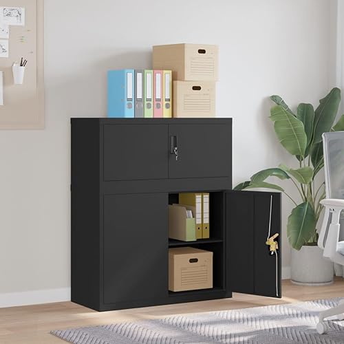 Qnhdfrt Pulverbeschichteter Stahl Aktenschrank Schwarz Abschließbar 90x40x110 cm mit Einlegeboden für Büroorganisation und Sichere Dokumentenaufbewahrung von Qnhdfrt