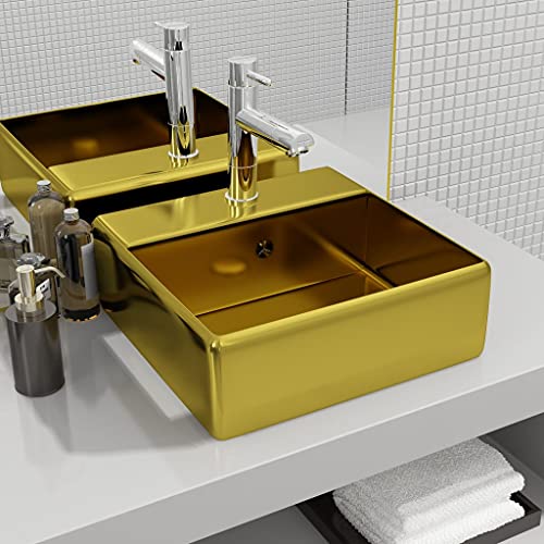 Qnhdfrt Quadratisches Waschbecken aus Keramik 41 x 41 x 15 cm Golden Modernes Design mit Überlaufschutz und Hochglanz Finish für Badezimmer Gäste WC und Schminkraum von Qnhdfrt