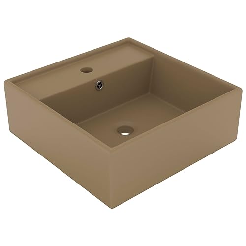 Qnhdfrt Quadratisches Waschbecken aus Keramik 41x41 cm Mattcreme Modernes Design mit Überlauf und Hahnloch für Badezimmer Gäste WC Küche Garage von Qnhdfrt
