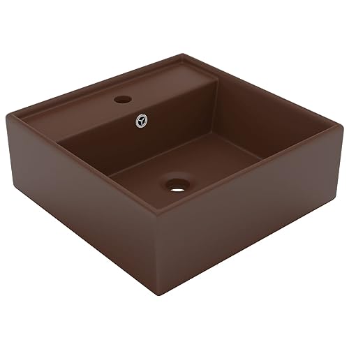 Qnhdfrt Quadratisches Waschbecken aus Keramik Matt Dunkelbraun 41x41 cm Modernes Design mit Überlauf und Hahnloch für Badezimmer Gäste WC und Küche von Qnhdfrt