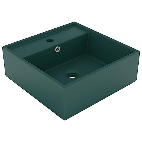 Qnhdfrt Quadratisches Waschbecken aus Keramik Matt Dunkelgrün 41x41 cm Modernes Design mit Überlauf und Hahnloch für Badezimmer Gäste WC Küche Garage von Qnhdfrt