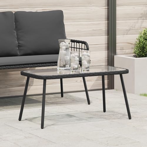 Qnhdfrt Rechteckiger Couchtisch Schwarz mit Glasplatte 90x45x42 cm Poly Rattan für Wohnzimmer und Außenbereich Robustes Design Sonnenbeständig von Qnhdfrt