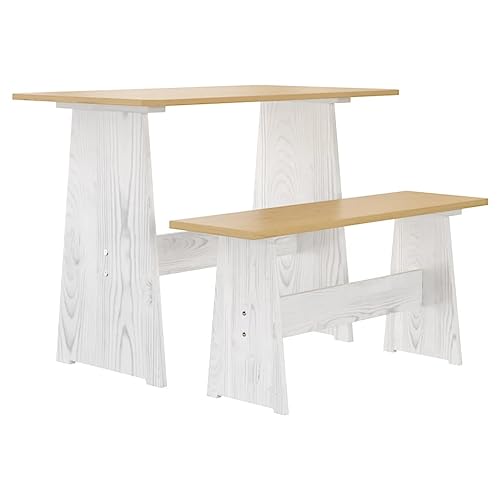 Qnhdfrt Reine Esstisch mit Bank Massivholz Kiefer Honigbraun Weiß | Tisch 100x60x73 cm und Bank 92x28x43 cm | Robust Langlebig für kleine Räume in Küche Esszimmer Balkon Garten von Qnhdfrt
