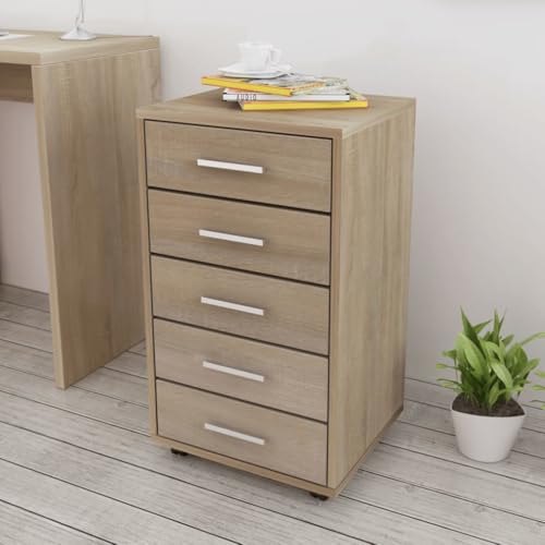 Qnhdfrt Rollcontainer Büroschubladenschrank mit 5 Schubladen Eichefarben auf Rollen, Kompakt 33x38x63 cm aus Holzwerkstoff von Qnhdfrt