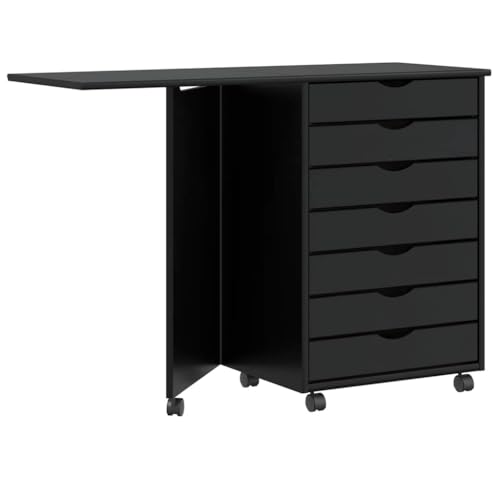 Qnhdfrt Rollschrank mit Schreibtisch Moss Schwarz Massivholz Kiefer 105,5x39x74,5cm Klappbar 7 Schubladen Organizer Aktenschrank für Büro Küche Werkstatt Garten von Qnhdfrt