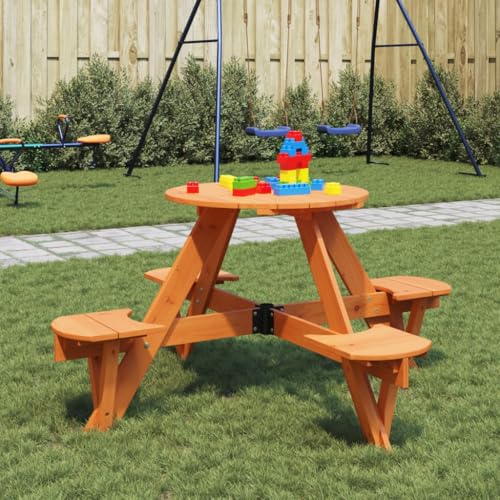 Qnhdfrt Rund Picknicktisch Massivholz Tanne für 4 Kinder mit Schirmloch Outdoor Braun 120x57 cm Gartenmöbel Balkonmöbel Stabil und Langlebig für Terrasse Garten Außenbereich von Qnhdfrt