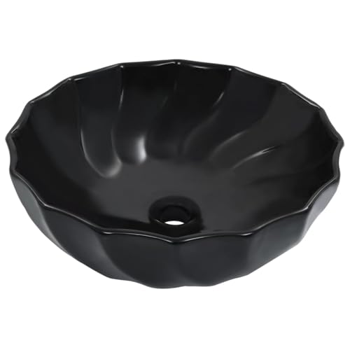 Qnhdfrt Rundes Waschbecken aus Keramik 46 x 17 cm Schwarz mit Blumenmuster Aufsatzwaschbecken Modernes Design Hochglanz für Badezimmer Gäste WC und Camping von Qnhdfrt
