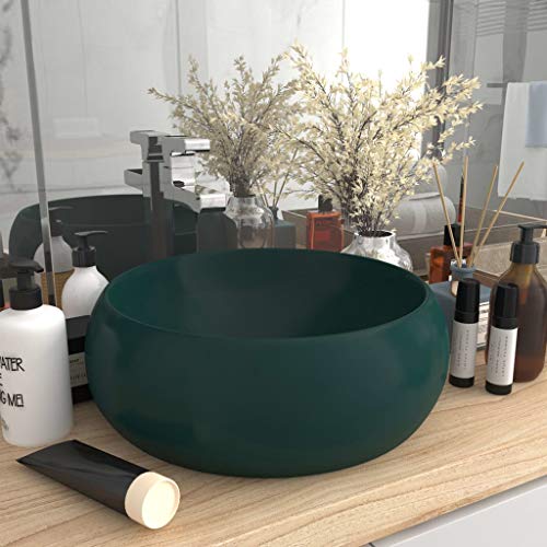 Qnhdfrt Rundes Waschbecken aus Keramik Matt Dunkelgrün 40 x 15 cm Aufsatzwaschbecken mit Modernem Design für Badezimmer Gäste WC und Küche von Qnhdfrt