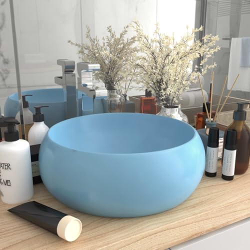 Qnhdfrt Rundes Waschbecken aus Keramik Matt Hellblau 40 x 15 cm Aufsatzwaschbecken mit Modernem Design für Badezimmer Gäste WC Küche und Garage von Qnhdfrt