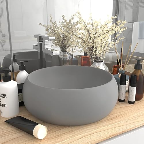 Qnhdfrt Rundes Waschbecken aus Keramik Matt Hellgrau 40 x 15 cm Aufsatzwaschbecken mit Modernem Design für Badezimmer Gäste WC Küche und Garage von Qnhdfrt