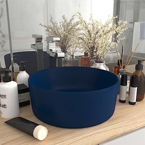 Qnhdfrt Rundes Waschbecken aus Premium Keramik 40 x 40 x 15 cm Matt Dunkelblau Aufsatzwaschbecken mit Modernem Design für Badezimmer Gäste WC und Küche von Qnhdfrt