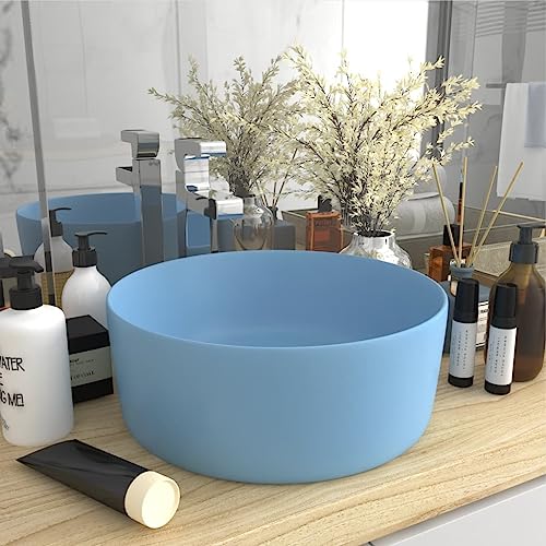 Qnhdfrt Rundes Waschbecken aus Premium Keramik 40 x 40 x 15 cm Matt Hellblau Aufsatzwaschbecken mit Modernem Design für Badezimmer Gäste WC und Küche von Qnhdfrt