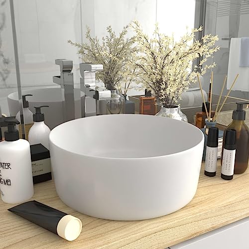 Qnhdfrt Rundes Waschbecken aus Premium Keramik 40 x 40 x 15 cm Matt Weiß Aufsatzwaschbecken mit Modernem Design für Badezimmer Gäste WC und Küche von Qnhdfrt