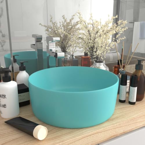 Qnhdfrt Rundes Waschbecken aus Premium Keramik Matt Hellgrün 40 x 40 x 15 cm Aufsatzwaschbecken mit Modernem Design für Badezimmer Gäste WC und Küche von Qnhdfrt