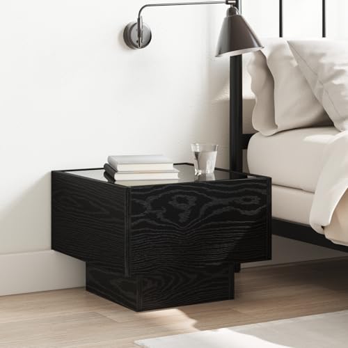 Qnhdfrt Rustikaler Nachttisch Schwarz Eiche 40x40x30 cm mit LED-Beleuchtung Beistelltisch aus Holzwerkstoff und Glas für Schlafzimmer oder Wohnzimmer von Qnhdfrt