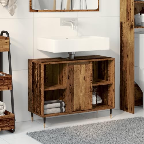 Qnhdfrt Rustikaler Waschtisch Badezimmerschrank aus Massivholz mit Altholz-Finish Braun Rechteckig für Badezimmer mit verwitterter Oberfläche und praktischem Stauraum von Qnhdfrt
