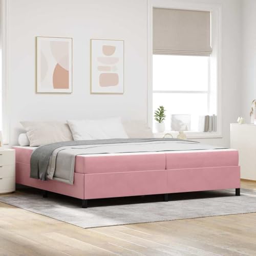 Qnhdfrt Samt Bettgestell mit Matratze 200x200 cm Rosa Weiß Modernes Polsterbett Holzbeine Lattenrost Komfort Doppelbett für Schlafzimmer Gästezimmer Jugendzimmer von Qnhdfrt