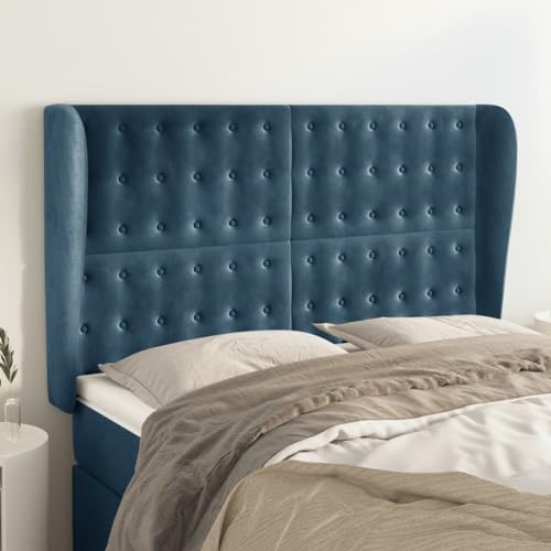 Qnhdfrt Samt Bettkopfteil mit Ohren Dunkelblau 147x23x118/128 cm Höhenverstellbar Massive Lärchenholzbeine Luxuriöses Wandpolster Kopfteil für Schlafzimmer Bequeme Rückenlehne Modernes Design von Qnhdfrt