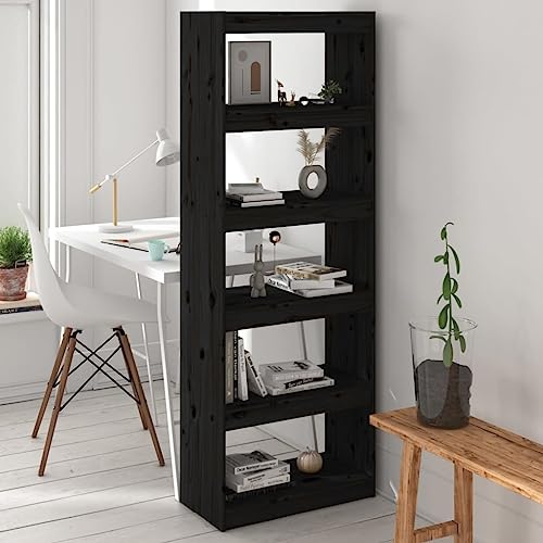 Qnhdfrt Schlankes Bücherregal Raumteiler aus Massivholz Kiefer Schwarz 60x30x167,5 cm Hoch Schmal Stehend mit 5 Fächern Robust für Wohnzimmer Flur von Qnhdfrt