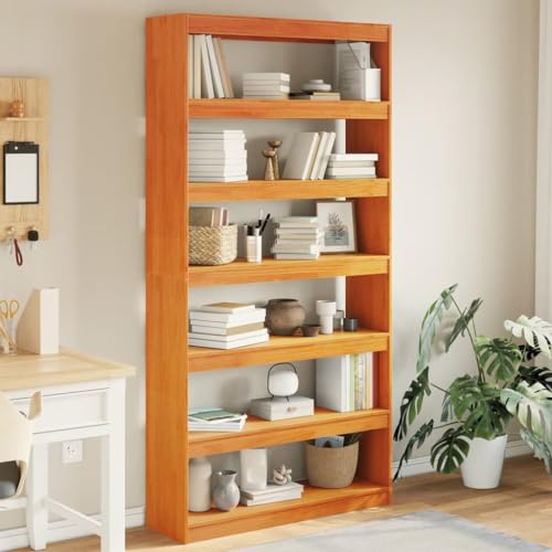 Qnhdfrt Schmaler Bücherregal aus Massivholz Kiefer als Raumteiler 100x30x199,5 cm Wachsbraun mit 6 Fächern für Wohnzimmer Büro oder Badezimmer Vielseitiges Regal mit Rustikaler Optik von Qnhdfrt