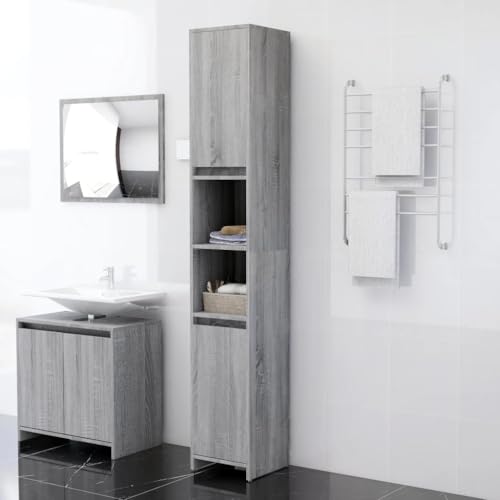 Qnhdfrt Schmaler Hochschrank Badezimmerschrank Grau Sonoma 30x30x183,5 cm Holzwerkstoff mit 6 Fächern und 2 Türen für Badezimmer WC oder Flur von Qnhdfrt
