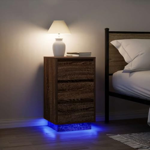 Qnhdfrt Schmaler Nachttisch mit LED-Beleuchtung Braun Eichen-Optik 38x34x65 cm 3 Schubladen Stauraum RGB-Licht für Schlafzimmer von Qnhdfrt