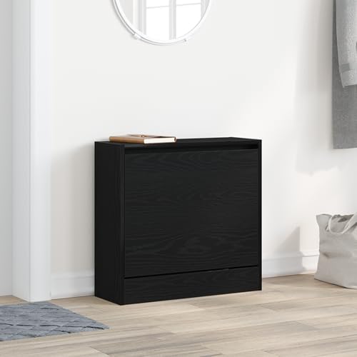 Qnhdfrt Schmaler Schuhschrank Schwarz Eiche 60x21x57 cm aus Holzwerkstoff Platzsparender Schuhorganizer mit Schiebetür für Flur und Schlafzimmer von Qnhdfrt