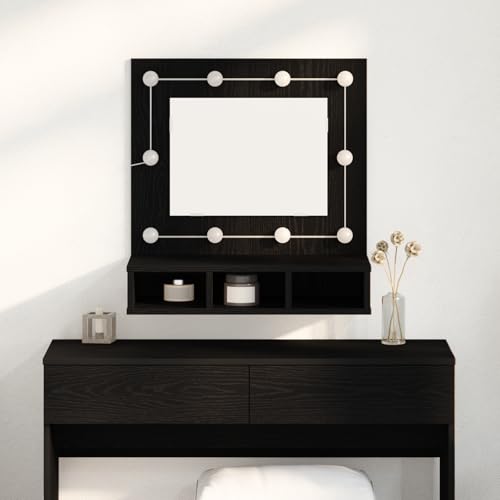Qnhdfrt Schmaler Waschtisch Schwarz Eiche Holz mit Flachspiegel und integriertem Regal Badezimmerschrank Rechteckig 60x31,5x62 cm Matt Modernes Design für Badezimmer und WC von Qnhdfrt