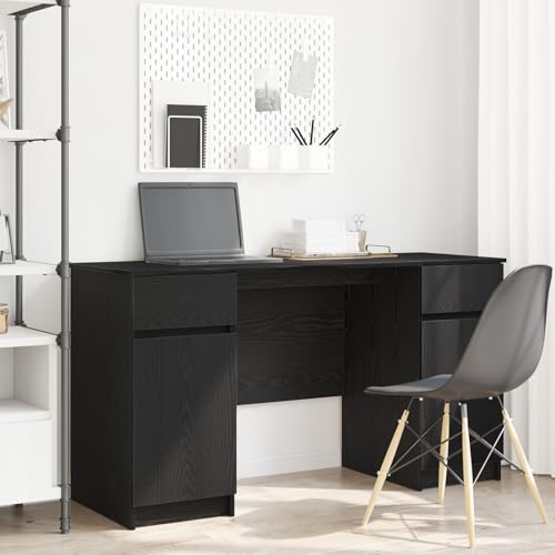 Qnhdfrt Schreibtisch Schwarz Eiche 140x49x76 cm Holzwerkstoff mit 2 Schubladen Moderner Arbeitstisch für Büro und Studium von Qnhdfrt
