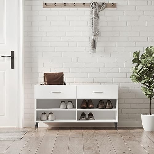 Qnhdfrt Schuhbank Hochglanz-Weiß 102x35x55 cm mit 2 Schubladen 4 Fächern und Eisenbeinen – Robuster Schuhorganizer aus Holzwerkstoff für Platzsparende Aufbewahrung im Flur oder Eingangsbereich von Qnhdfrt