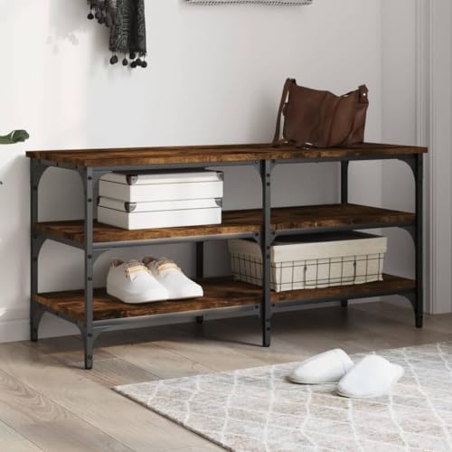Qnhdfrt Schuhbank Räuchereiche 100x38,5x49 cm aus Holzwerkstoff & Metall mit 3 Ablagen Stauraum und verstellbaren Beinen Robuste Sitzbank für Flur Wohnzimmer Schlafzimmer von Qnhdfrt