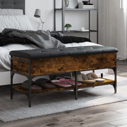 Qnhdfrt Schuhbank Räuchereiche 102x42x45 cm mit gepolstertem Sitzkissen Stabile Aufbewahrungsbank aus Holzwerkstoff & Metall für Flur Schlafzimmer oder Wohnzimmer von Qnhdfrt