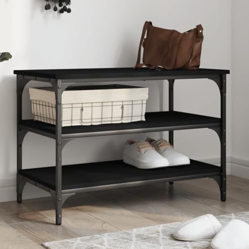 Qnhdfrt Schuhbank Schwarz 70x38,5x49 cm aus Holzwerkstoff & Metall mit 3 Ablagen und verstellbaren Beinen Robuste Sitzbank für Flur Wohnzimmer oder Schlafzimmer von Qnhdfrt