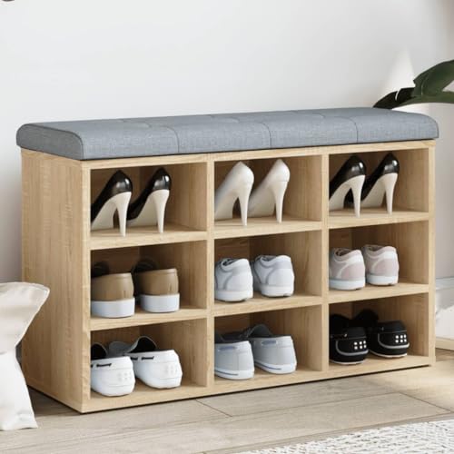 Qnhdfrt Schuhbank Sonoma-Eiche 82x32x50 cm mit gepolstertem Sitzkissen Hellgrau Robustes Holzwerkstoff Design für Flur Wohnzimmer oder Schlafzimmer von Qnhdfrt
