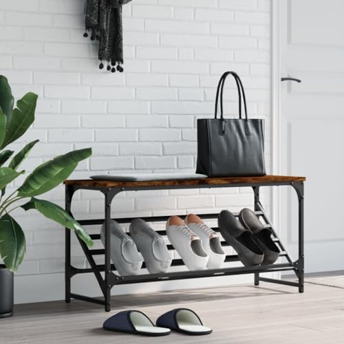 Qnhdfrt Schuhregal Schmal Hoch aus Holzwerkstoff und Stahl in Räuchereiche 90x30x45 cm mit Geneigter Ablage Robuste Oberplatte Platzsparend für Flur Camping Wohnmobil Organizer Qnhdfrt Schuhregal Schmal Hoch aus Holzwerkstoff und Stahl in Räuchereiche 90x30x45 cm mit Geneigter Ablage Robuste Oberplatte Platzsparend für Flur Camping Wohnmobil Organizer von Qnhdfrt