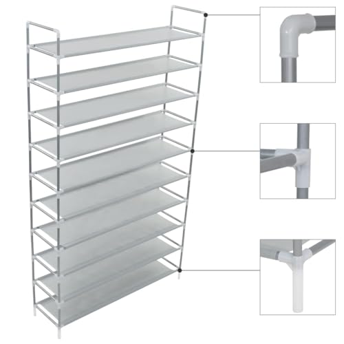 Qnhdfrt Schuhregal mit 10 Ablagen aus Metall und Vliesstoff in Silber, 100 x 29,5 x 170 cm, Schmal Hoch Platzsparend für Flur Camping oder Wohnmobil Organizer von Qnhdfrt