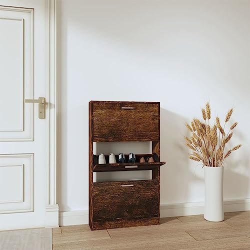 Qnhdfrt Schuhschrank Schmal Holzwerkstoff in Räuchereiche 59x17x108 cm Modernes Design Kippbare Fächer Platzsparend für Flur Eingangsbereich und Wohnzimmer von Qnhdfrt