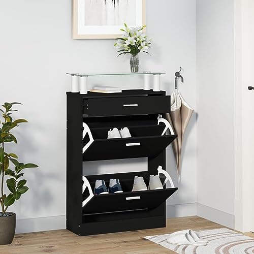 Qnhdfrt Schuhschrank Schwarz 63x24x104 cm Holzwerkstoff mit Kippfächern und Glasplatte, platzsparendes Schuhregal für Flur, Camping oder Wohnmobil von Qnhdfrt