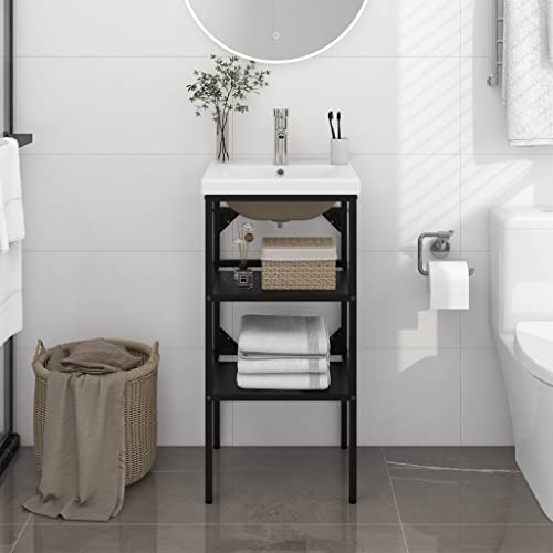 Qnhdfrt Schwarz Eisen Waschtischgestell mit Weiß Keramik Waschbecken Modernes Design Offen Regal für Badezimmer Waschraum Stabile Konstruktion Größe 40x38x83cm von Qnhdfrt