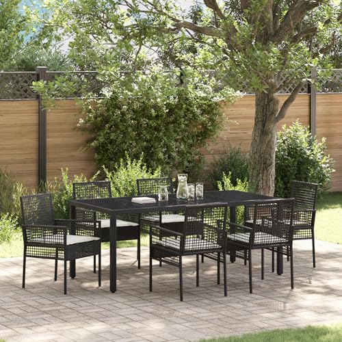 Qnhdfrt Schwarz Poly Rattan Garten Essgruppe mit Kissen 1 Tisch 6 Stühle Rechteckig 190x90cm Outdoor Möbel für Terrasse Balkon Garten von Qnhdfrt